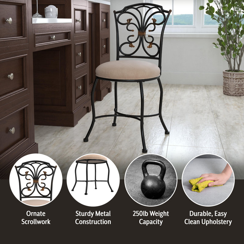 Tabouret Coiffeuse Avec Dossier Nœud – Chaise Réglable Sans Accoudoirs, Rembourrage Moelleux, Pour Chambre Salon (charge 150kg)